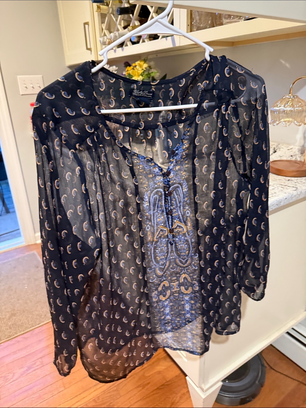 Lucky Brand Navy Sheer Embroidered Peasant Blouse